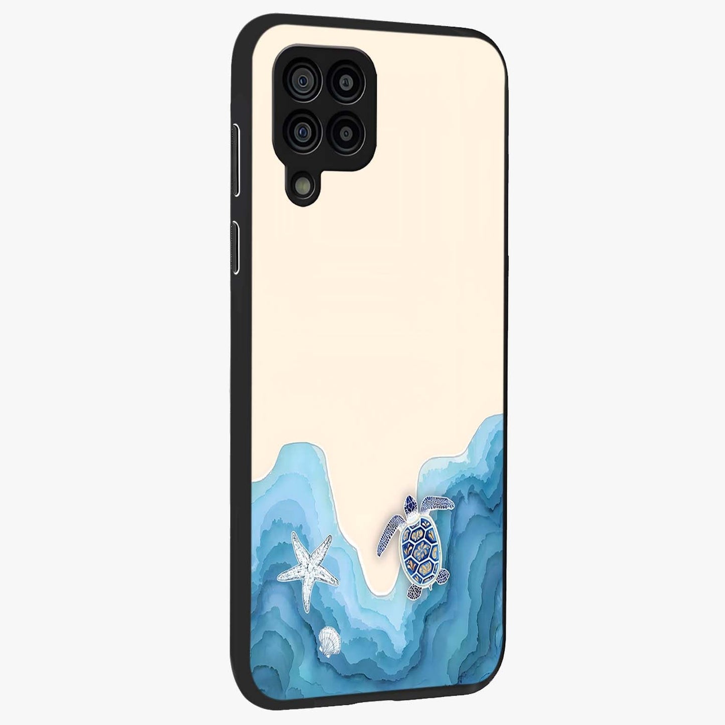 Ocean Drift Turtle Glass Case upright view showcasing calm underwater turtle artwork with nature inspired theme.