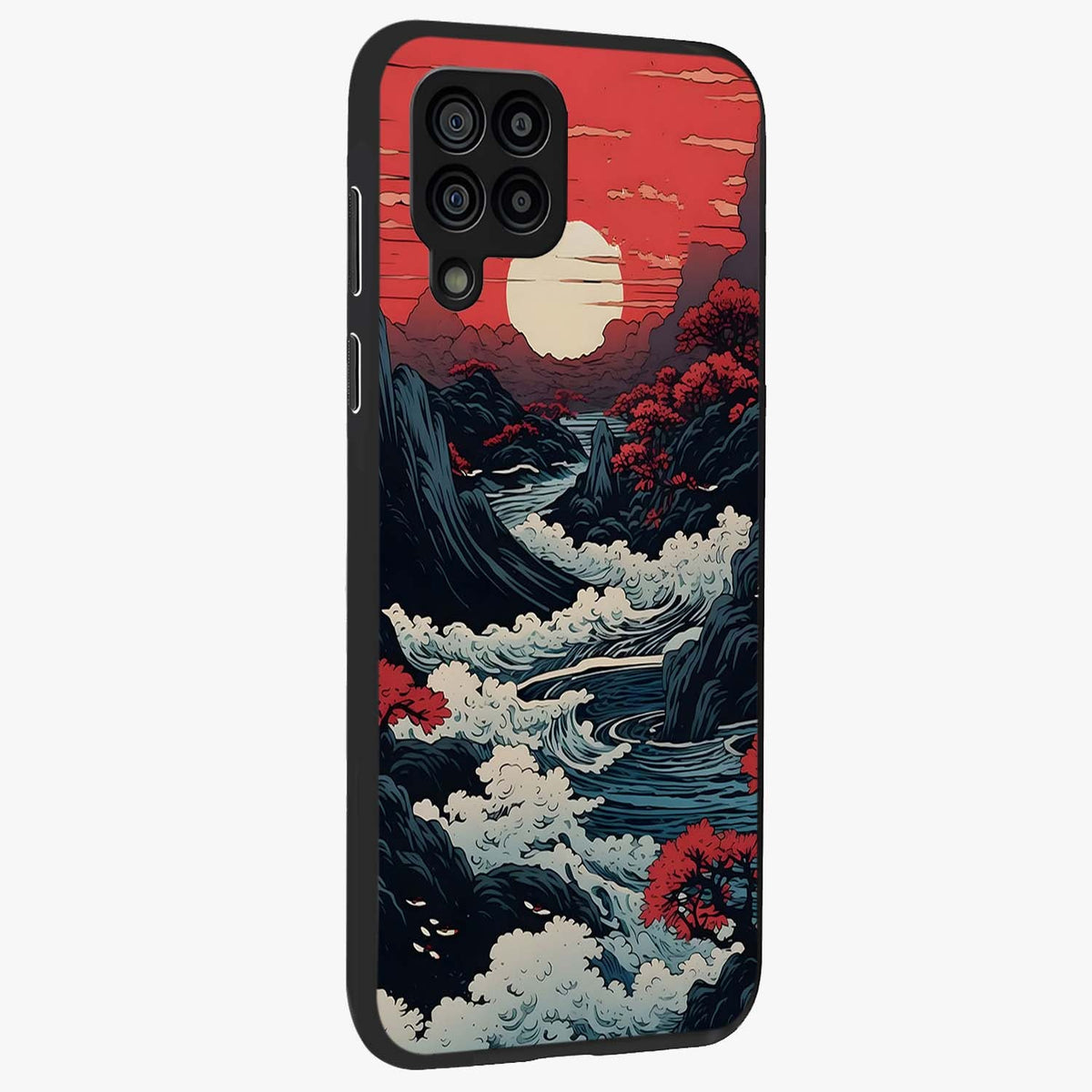 Red Sunset Scenery Glass Case upright view showcasing dramatic sunset scenery artwork with warm nature theme.