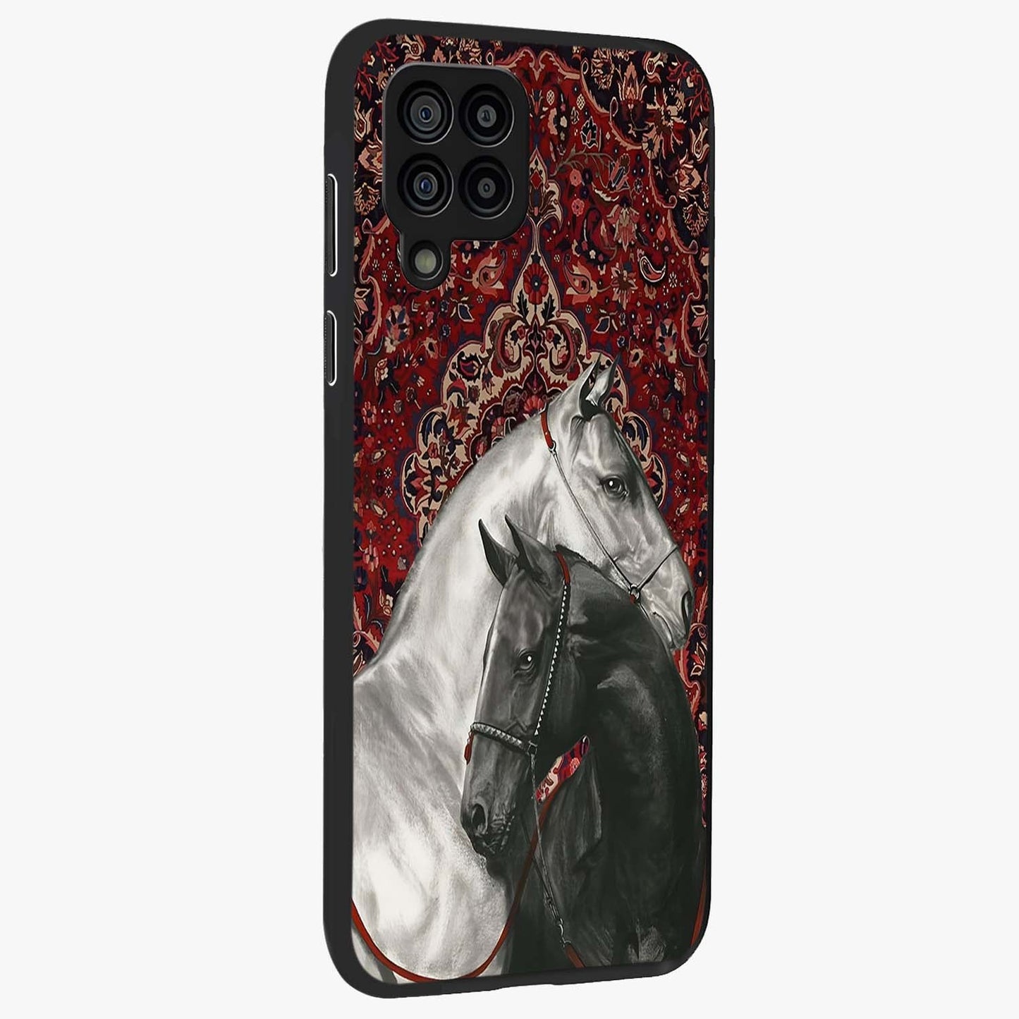 Regal Stallion Tapestry Glass Case upright view showcasing powerful horse artwork with elegant tapestry theme.