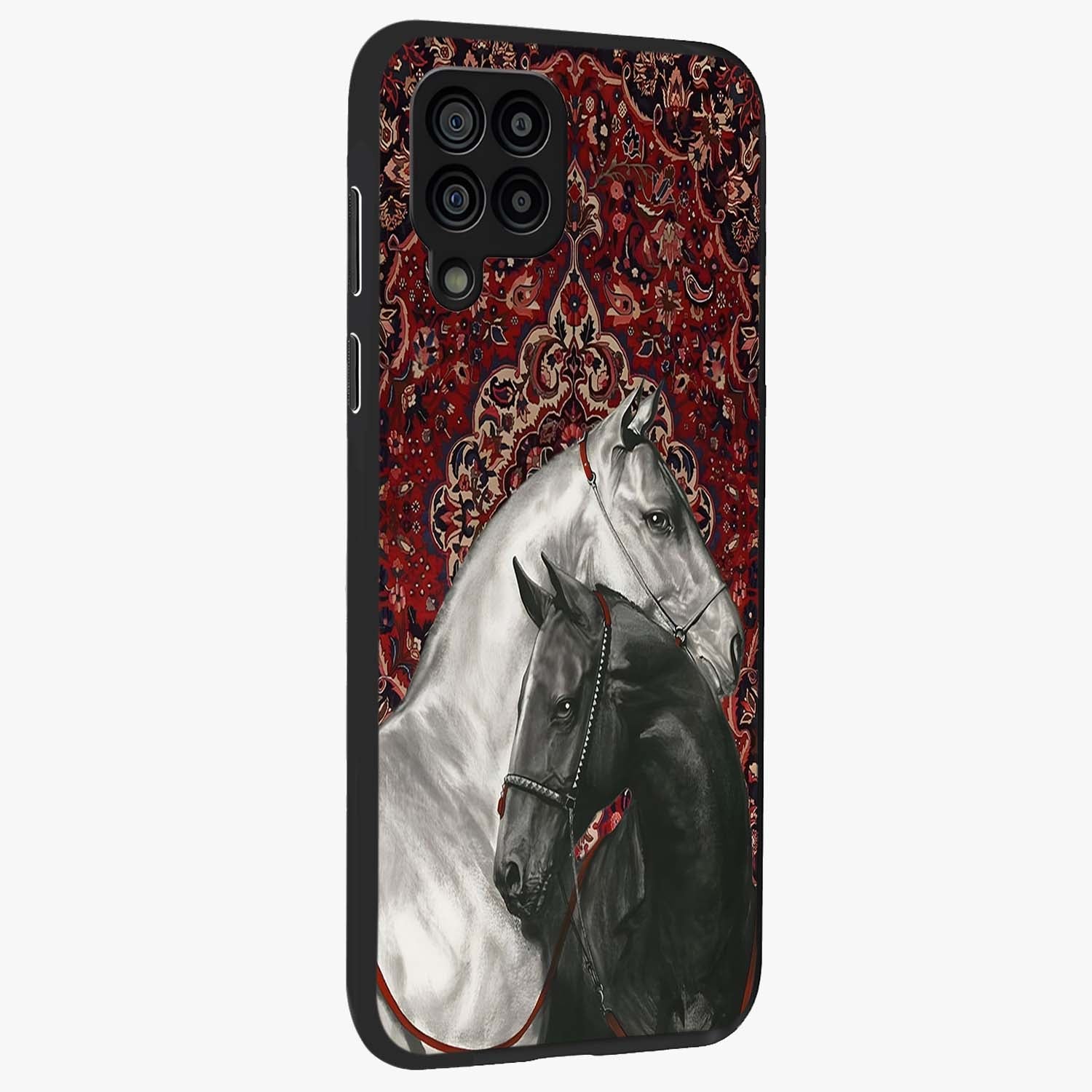 Regal Stallion Tapestry Glass Case upright view showcasing powerful horse artwork with elegant tapestry theme.