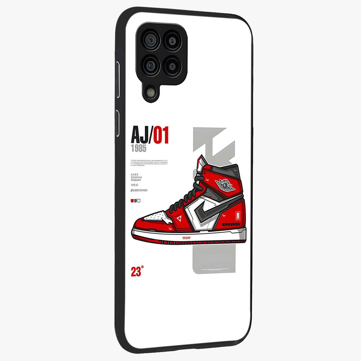 Retro Sneaker Blueprint Glass Case upright view showcasing stylish sneaker illustration with vintage streetwear theme.