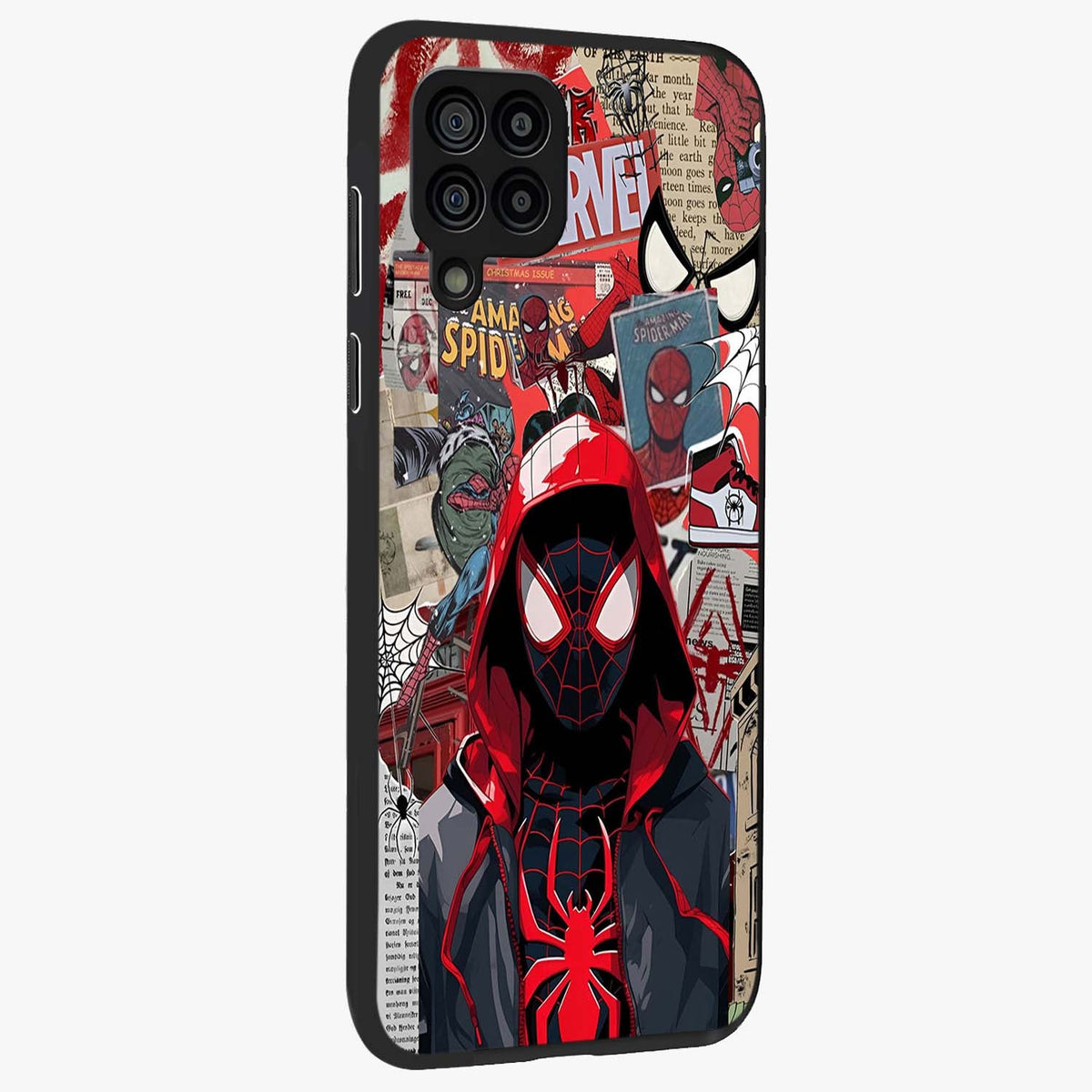 Spider Collage Street Glass Case upright view showcasing bold superhero artwork with urban street theme.