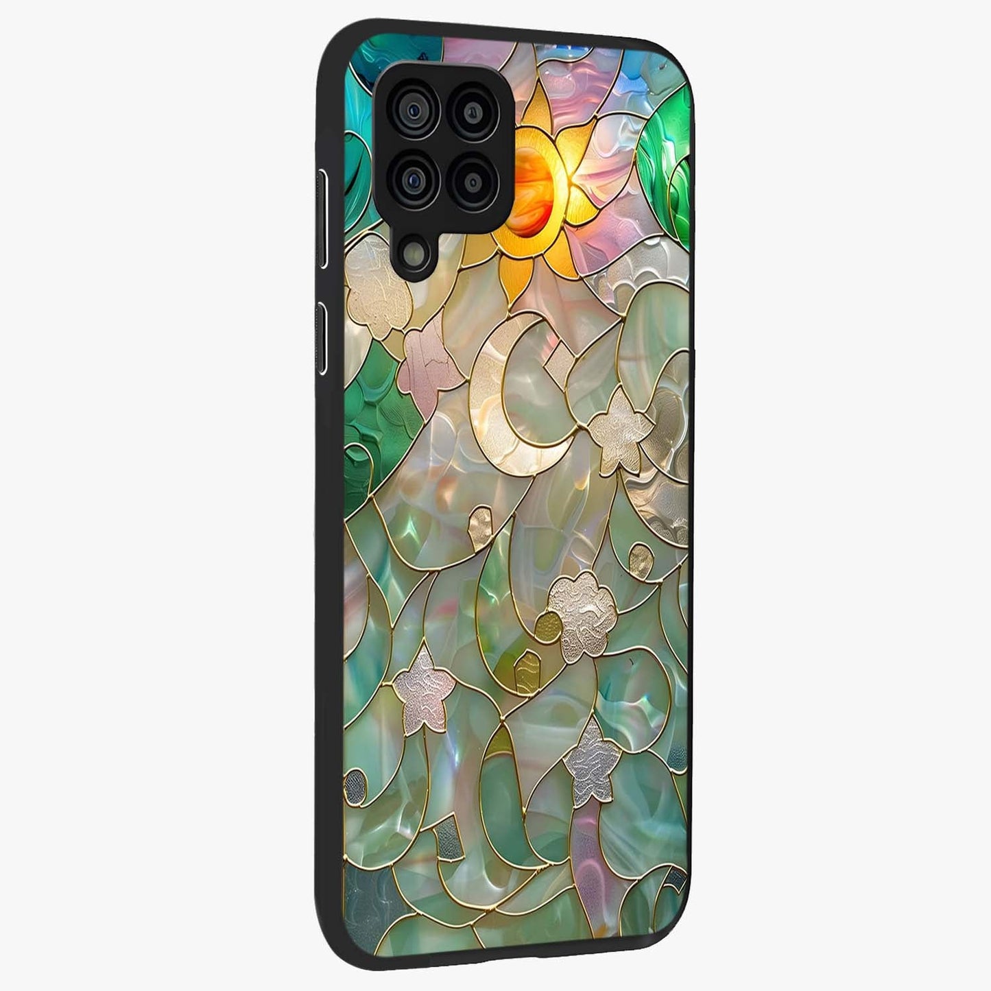 Stained Sunrise Glow Glass Case upright view showcasing colorful sunrise artwork with warm morning theme.