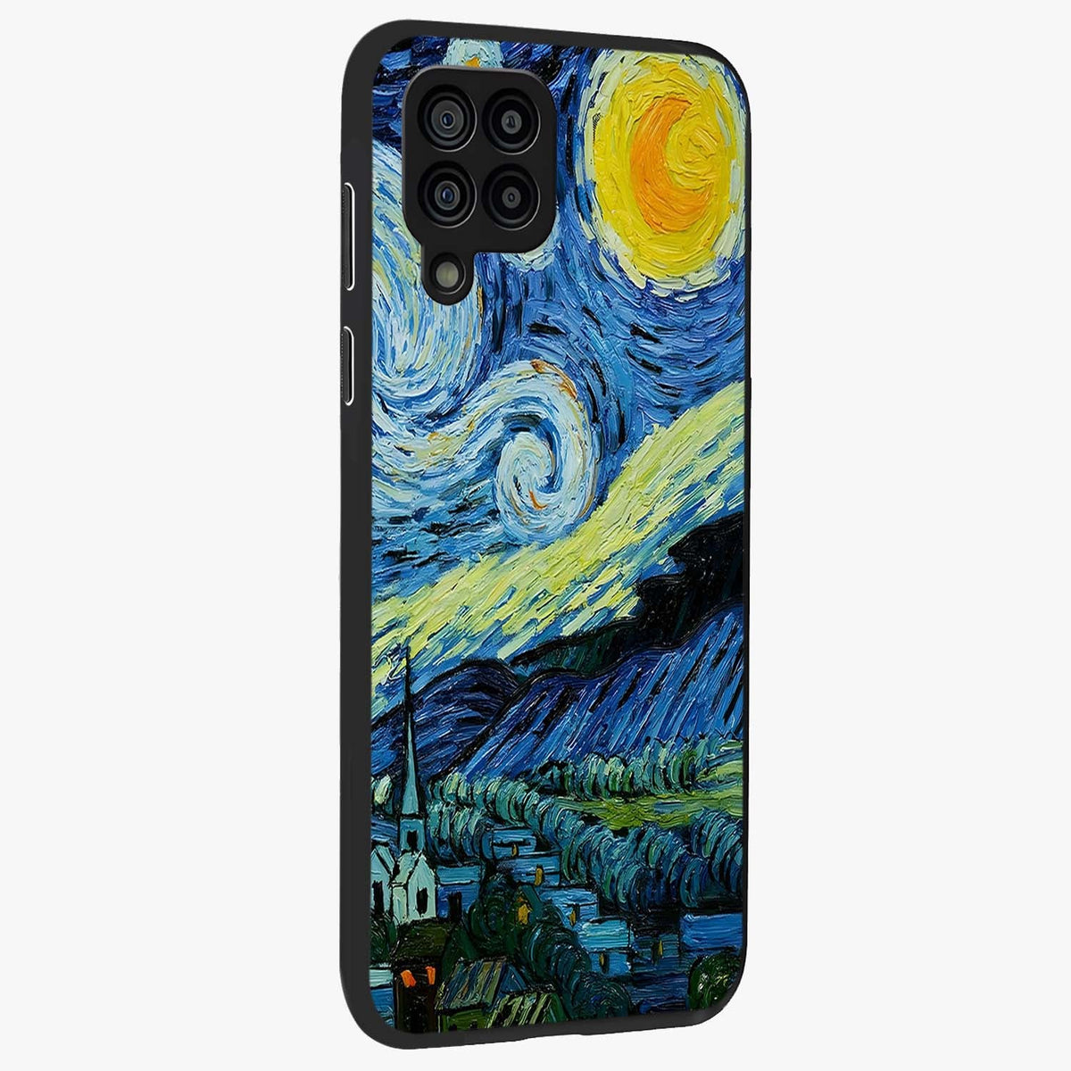 Van Gogh Art Glass Case upright view showcasing expressive painting style artwork with timeless artistic theme.