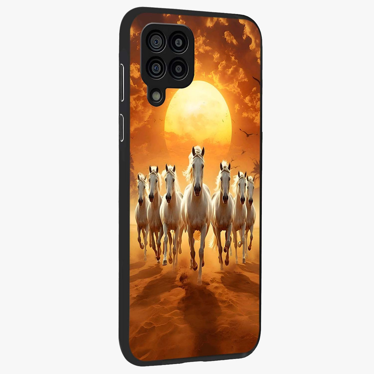 Wild Sunset Majesty Glass Case upright view showcasing dramatic sunset artwork with bold nature theme.