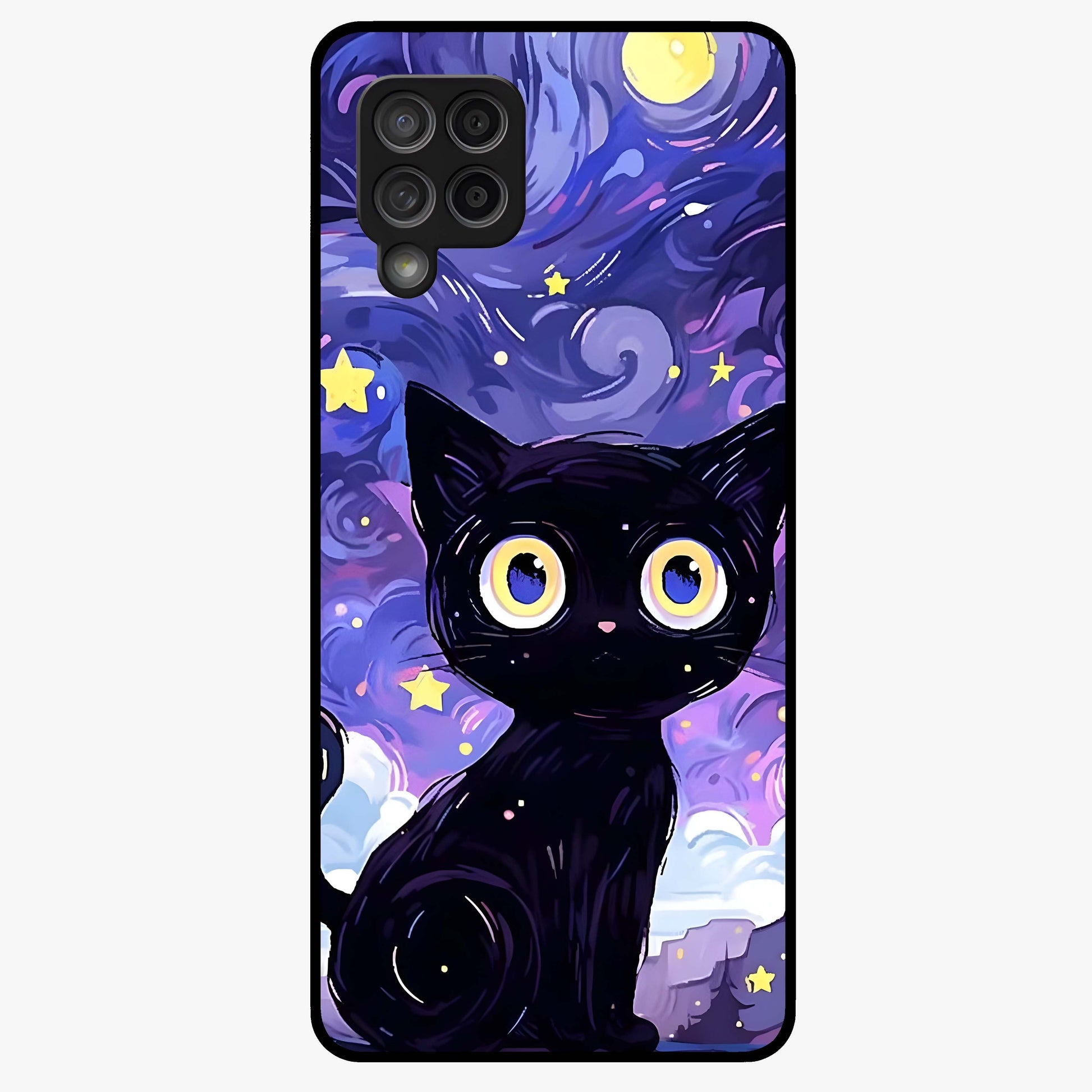 Abstract Cat Art Glass Case showing flat back view with artistic cat illustration and glossy glass finish.