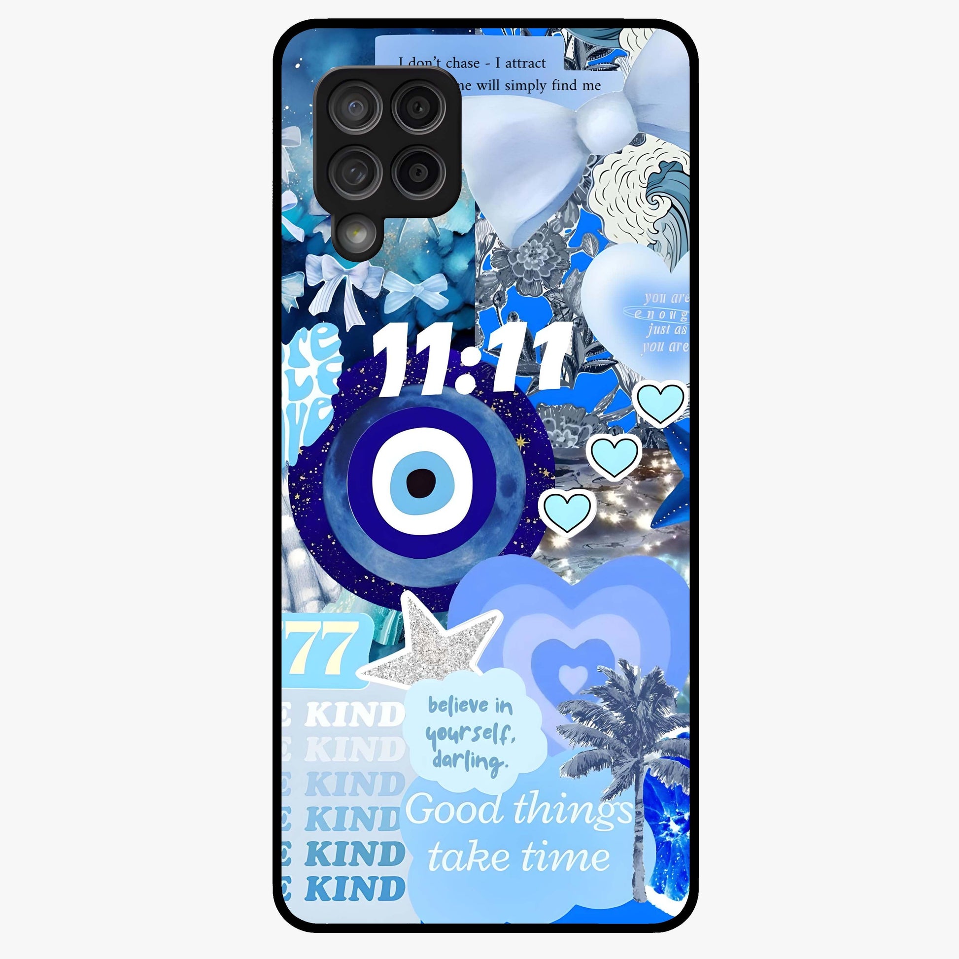 Aesthetic Be Kind Eye Glass Case showing flat back view with motivational eye artwork and glossy glass finish.