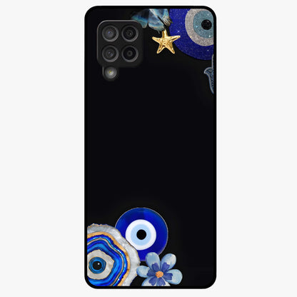 Aesthetic Blue Evil Eye Glass Case showing flat back view with protective evil eye artwork and glossy glass finish.