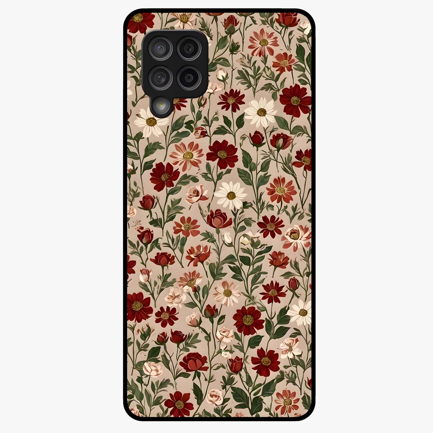 Biege Flower With Leaf Glass Case showing flat back view with soft beige floral artwork and glossy glass finish.