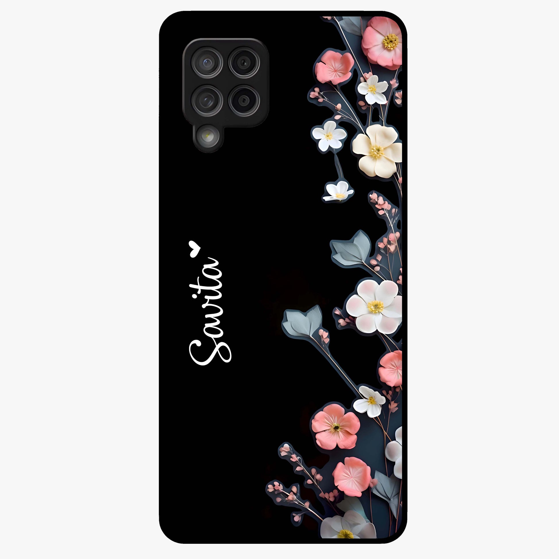 Black Elegance Floral Custom Name Glass Case showing flat back view with elegant floral artwork and personalized name design.