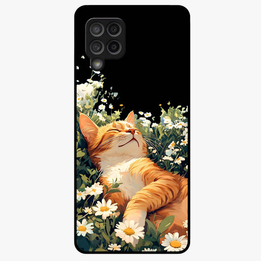 Blissful Bloom Cat Glass Case showing flat back view with cute cat and floral bloom artwork and glossy glass finish.