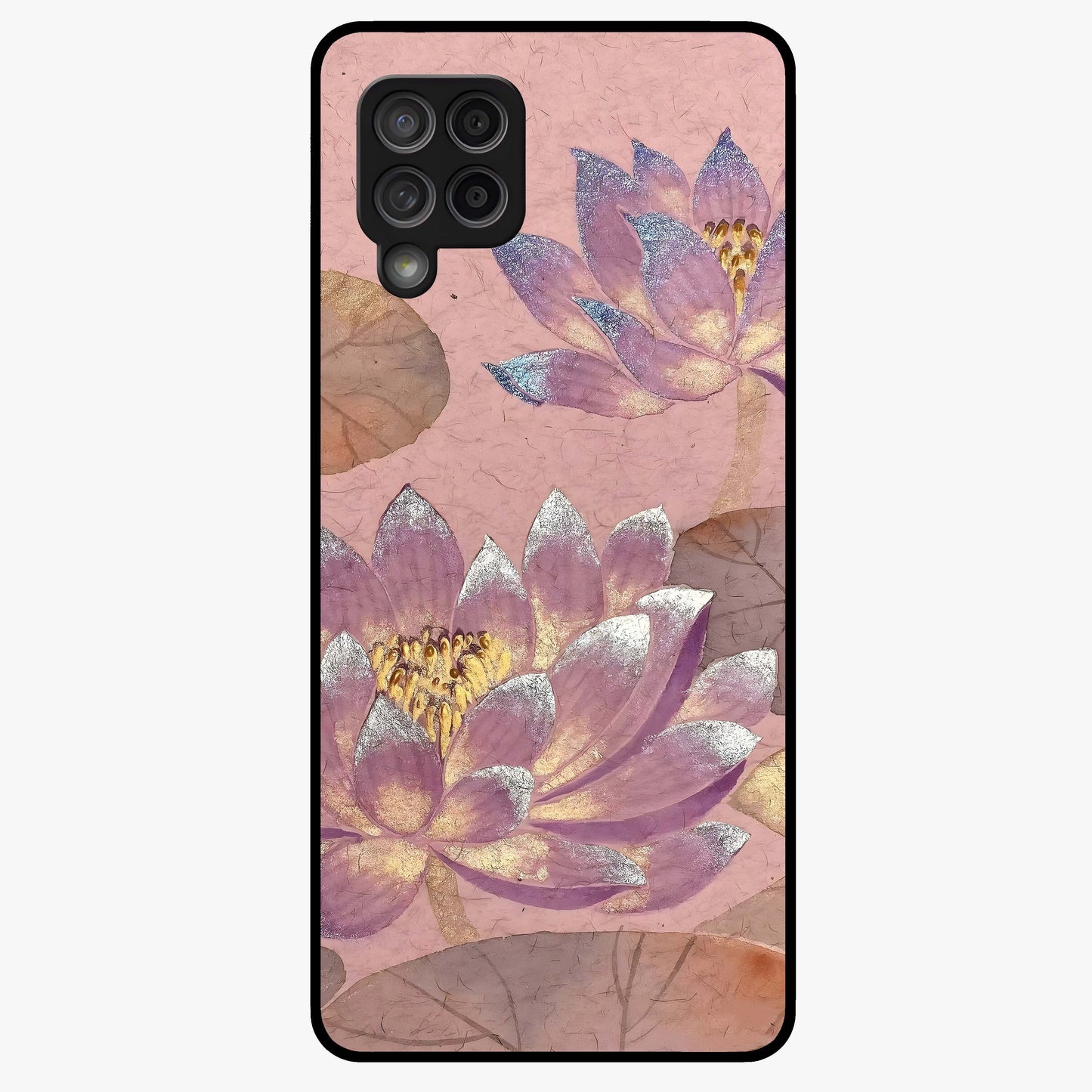 Blossom Mist Lotus Glass Case showing flat back view with serene lotus blossom artwork and glossy glass finish.