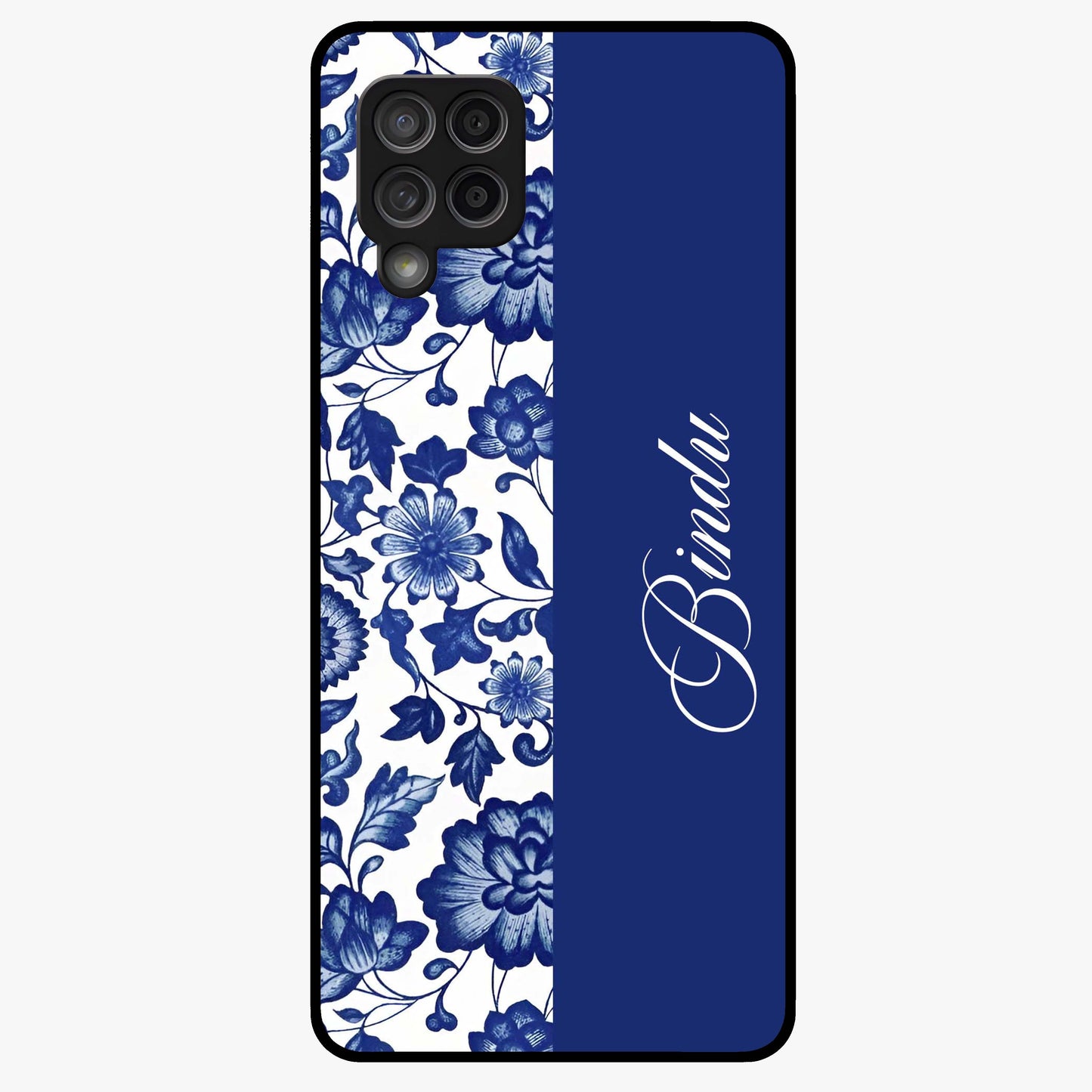 Blue Vintage Floral Pattern Glass Case upright view showcasing timeless floral illustration with vintage inspired style.