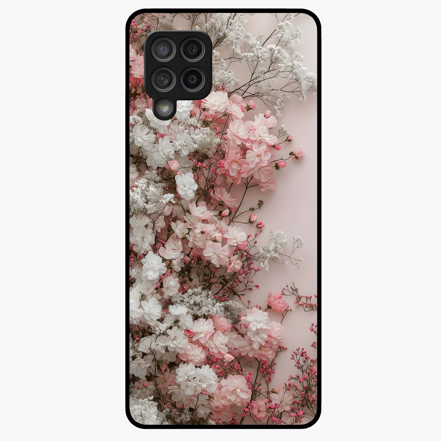 Blush Blossom Cloud Glass Case showing flat back view with dreamy blush cloud blossom artwork and glossy glass finish.