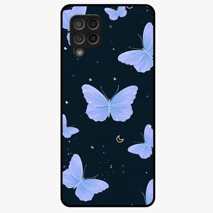 Butterfly With Stars Pattern Glass Case showing flat back view with butterfly and star pattern artwork and glossy glass finish.