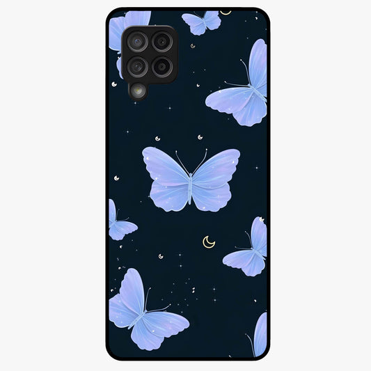 Butterfly With Stars Pattern Glass Case showing flat back view with butterfly and star pattern artwork and glossy glass finish.