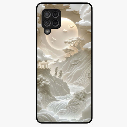 Celestial Origami Glass Case showing flat back view with artistic origami inspired celestial artwork and glossy glass finish.