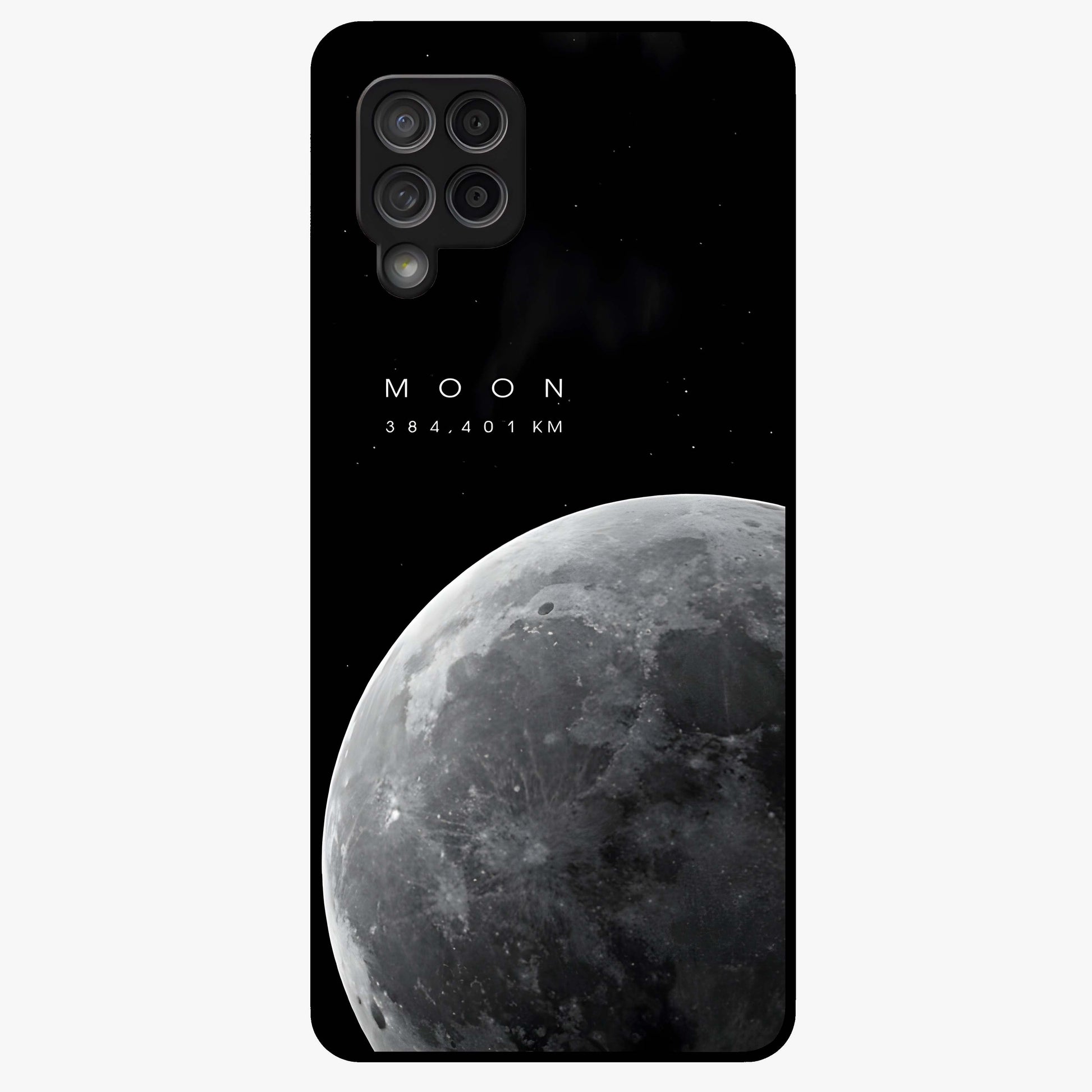 Cosmic Moon Glow Glass Case showing flat back view with glowing moon artwork and glossy glass finish.