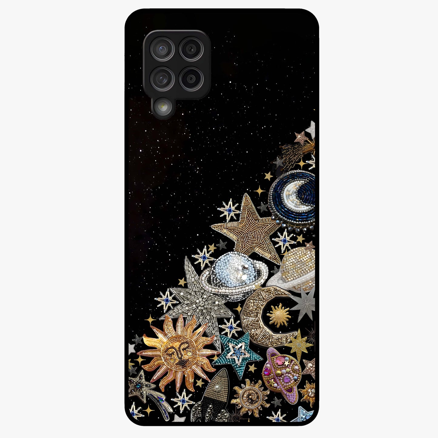 Cosmic Sparkle Dreams Glass Case showing flat back view with sparkling cosmic artwork and glossy glass finish.