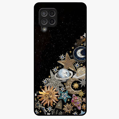 Cosmic Sparkle Dreams Glass Case showing flat back view with sparkling cosmic artwork and glossy glass finish.