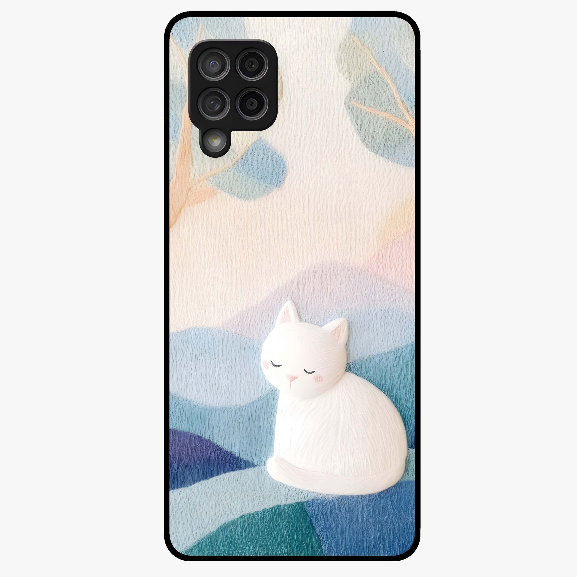 Cotton Dream Cat Glass Case showing flat back view with soft dreamy cat artwork and glossy glass finish.