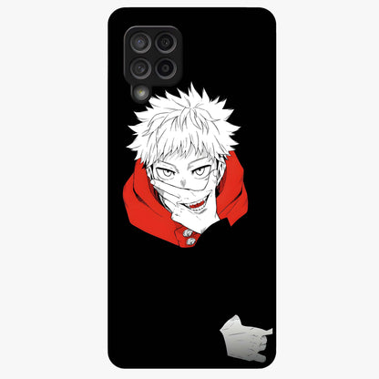 Crimson Chaos Smile Glass Case showing flat back view with bold chaotic smile artwork and glossy glass finish.