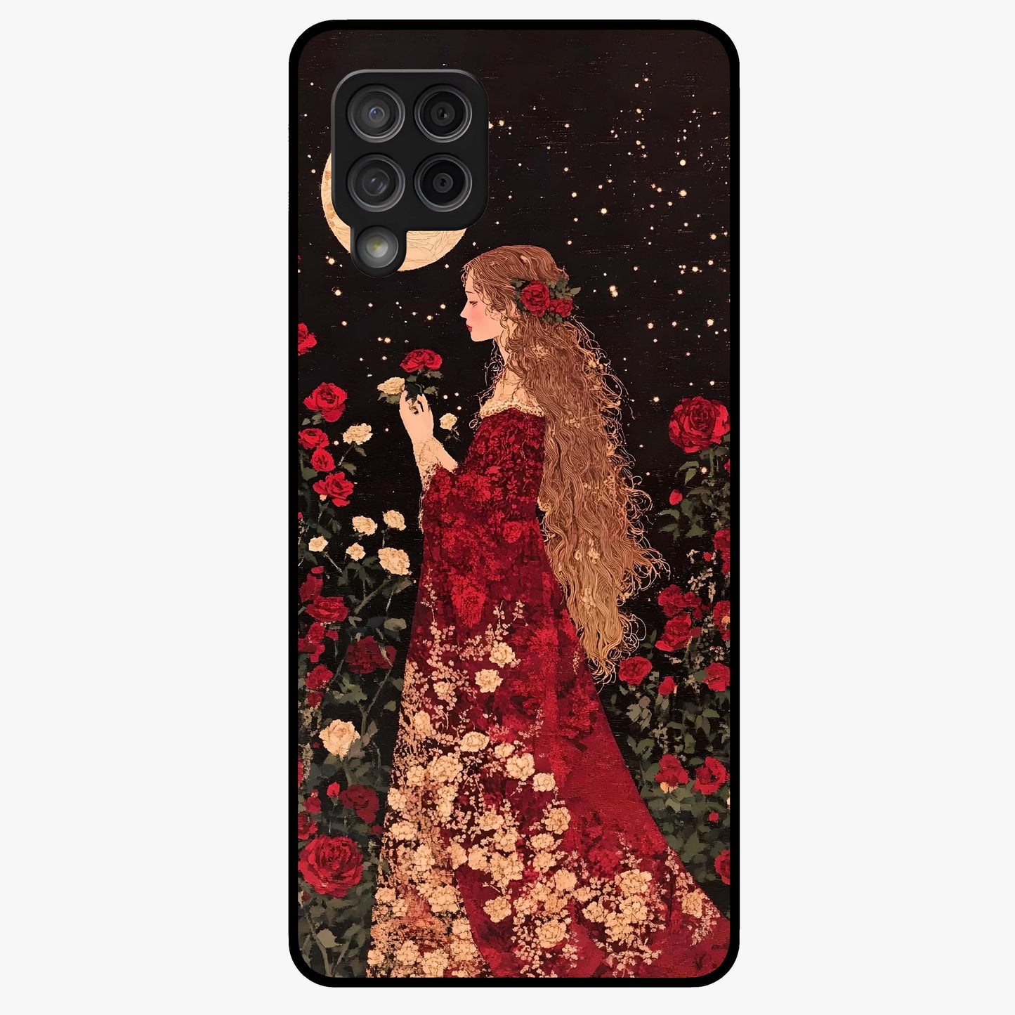 Crimson Dreams Glass Case showing flat back view with dreamy crimson artwork and glossy glass finish.