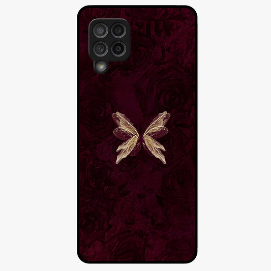 Crimson Fade Butterfly Glass Case showing flat back view with fading butterfly artwork and glossy glass finish.
