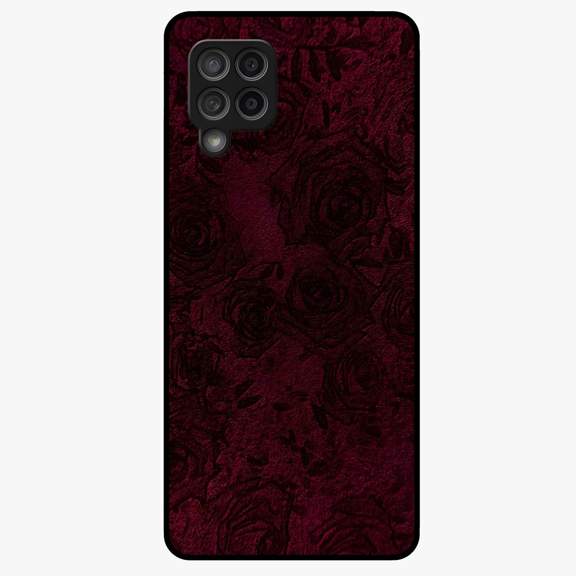 Crimson Fade Flow Glass Case showing flat back view with flowing crimson gradient artwork and glossy glass finish.