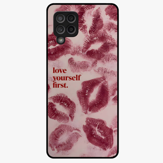 Crimson Kiss Love Glass Case showing flat back view with romantic crimson themed artwork and glossy glass finish.