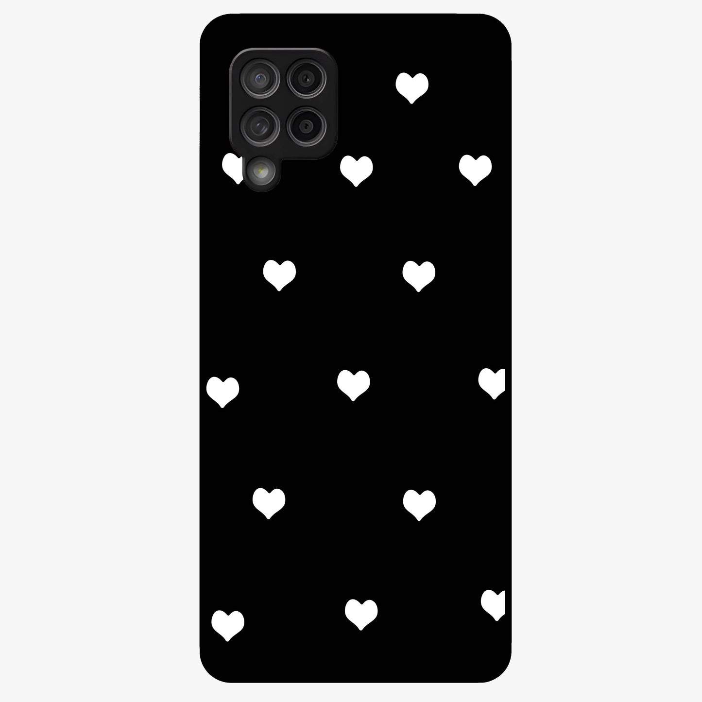 Cute And Simple White Hearts Glass Case showing flat back view with minimal white heart pattern and glossy glass finish.
