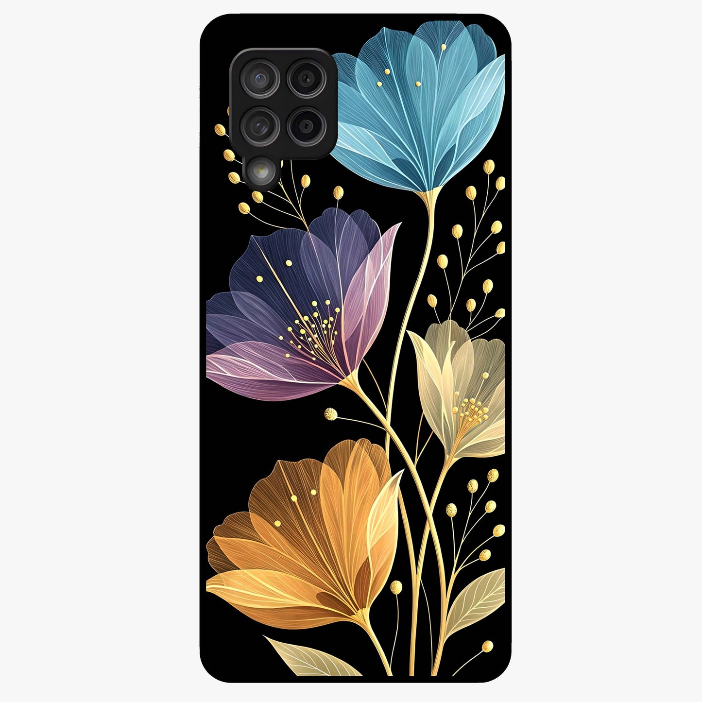Delicate Multicolor Flowers Glass Case showing flat back view with vibrant floral artwork and glossy glass finish.