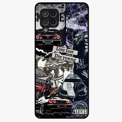 Die Young Glass Case showing flat back view with bold artistic typography design and glossy glass finish.