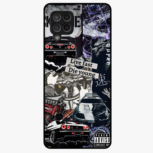 Die Young Glass Case showing flat back view with bold artistic typography design and glossy glass finish.