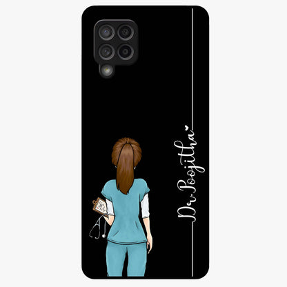 Doctor Pattern Custom Name Glass Case showing flat back view with medical themed pattern and personalized name design.
