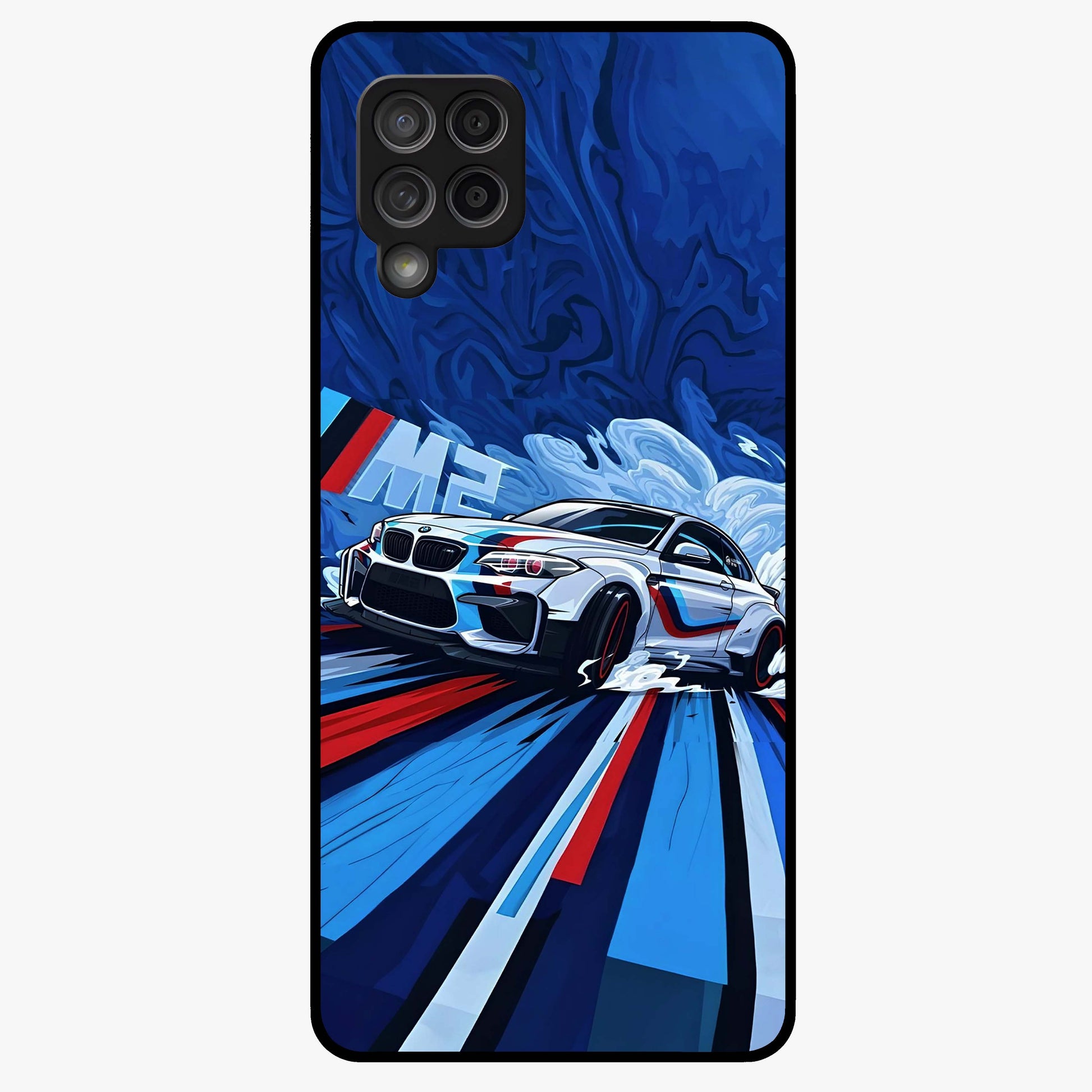 Drift Power Rush Glass Case showing flat back view with dynamic racing inspired artwork and glossy glass finish.
