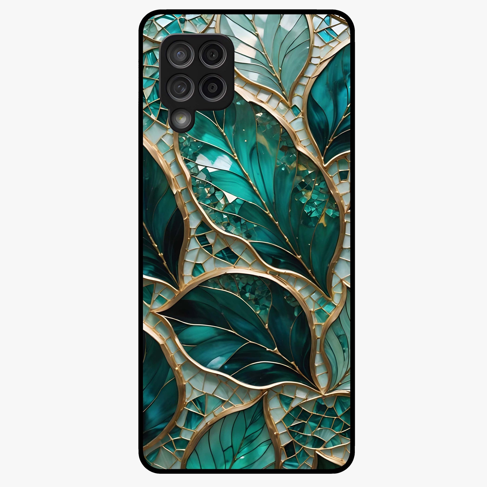 Emerald Leaf Glass Glass Case showing flat back view with emerald green leaf artwork and glossy glass finish.