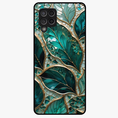 Emerald Leaf Glass Glass Case showing flat back view with emerald green leaf artwork and glossy glass finish.