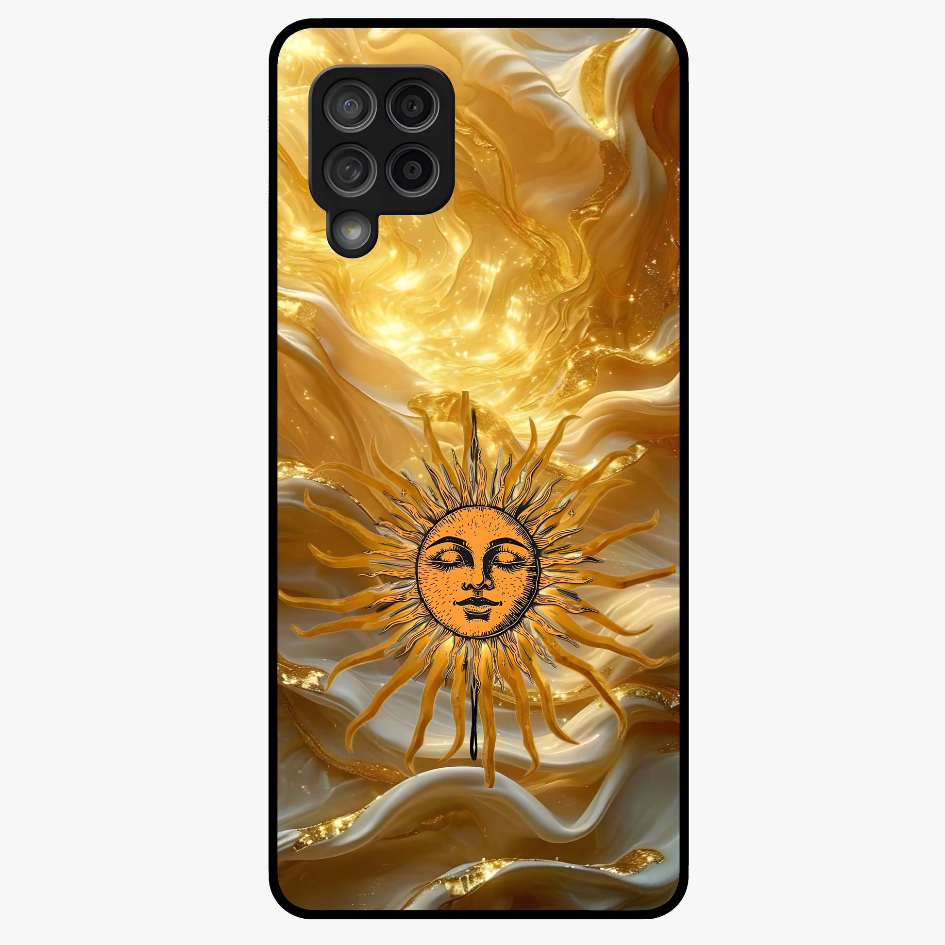 Eternal Golden Glow Glass Case showing flat back view with radiant golden themed artwork and glossy glass finish.