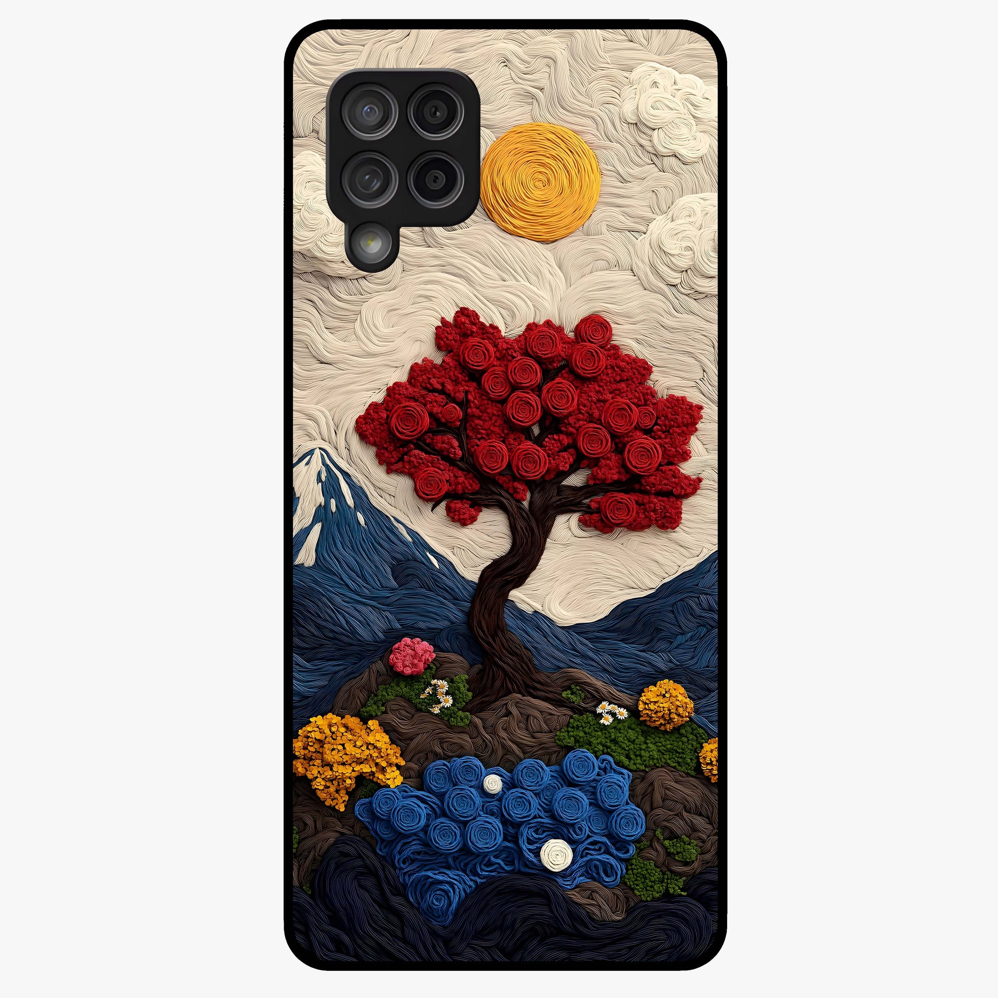 Eternal Nature Tapestry Glass Case showing flat back view with intricate nature tapestry artwork and glossy glass finish.