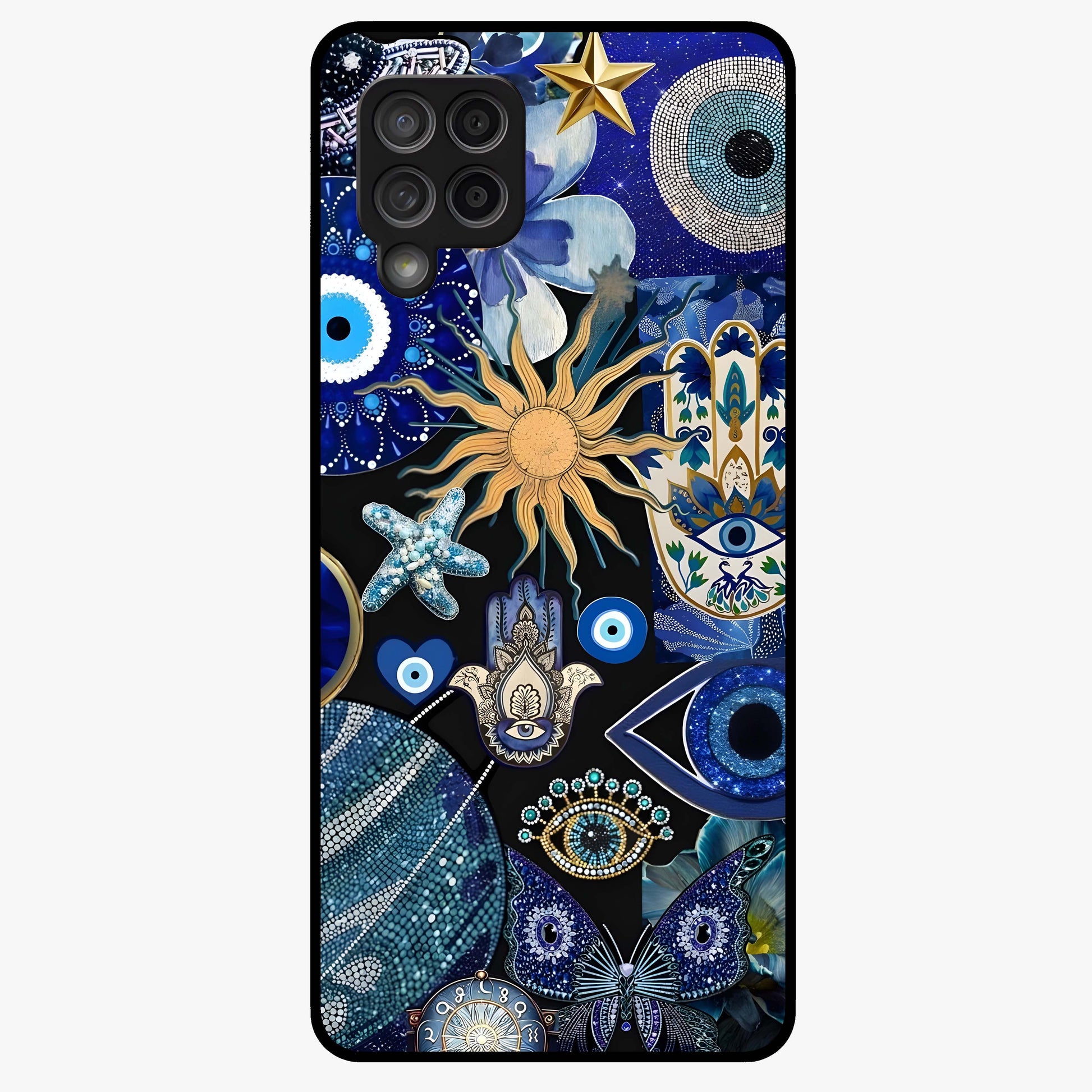 Evil Eye Charm Mix Glass Case showing flat back view with multiple evil eye charms artwork and glossy glass finish.