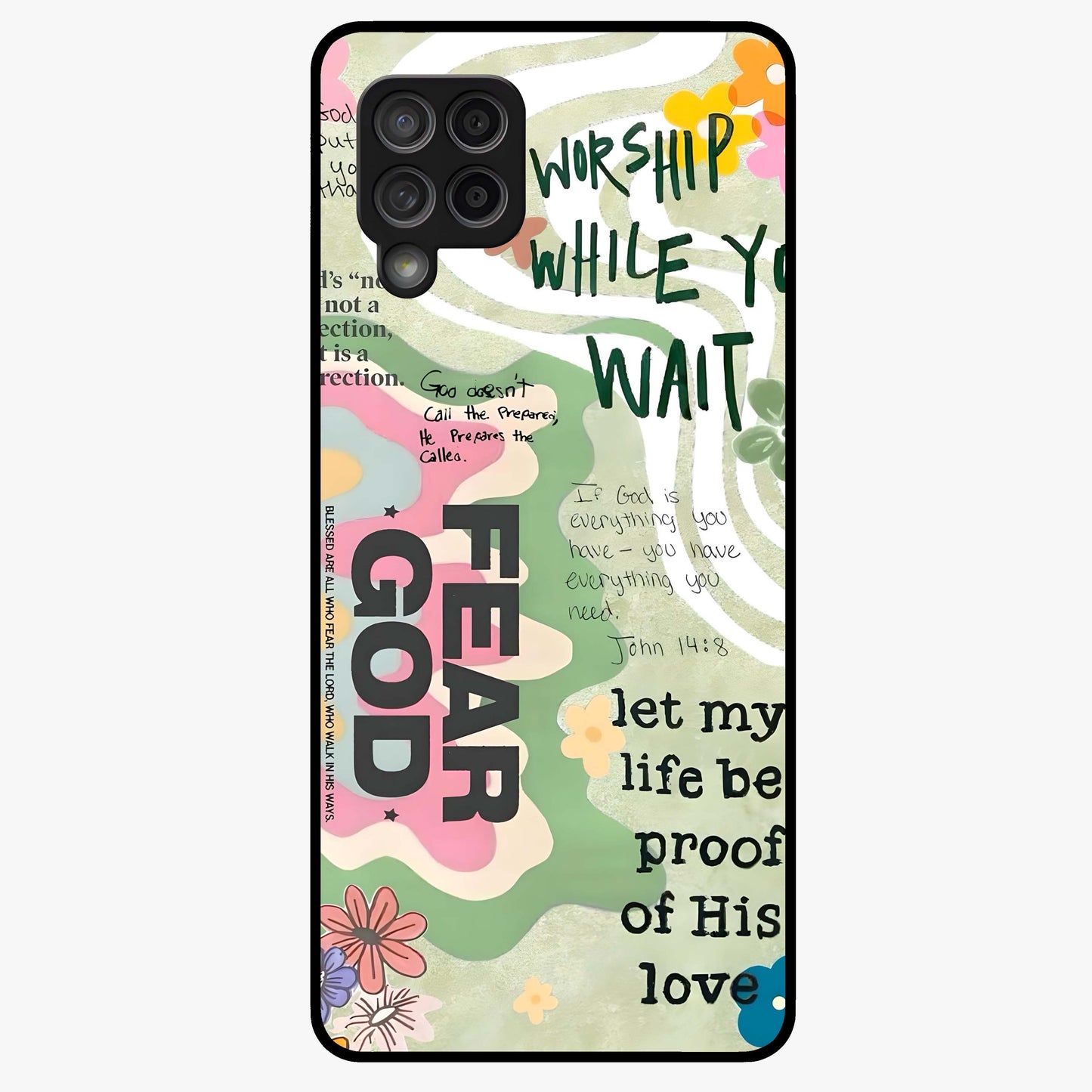 Faith Over Fear Glass Case showing flat back view with motivational typography artwork and glossy glass finish.