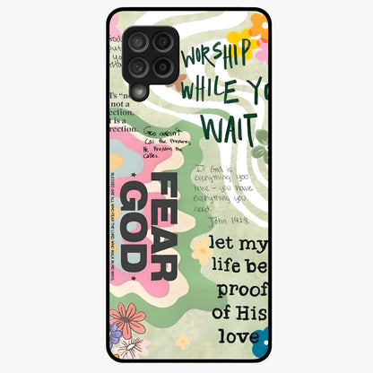 Faith Over Fear Glass Case showing flat back view with motivational typography artwork and glossy glass finish.