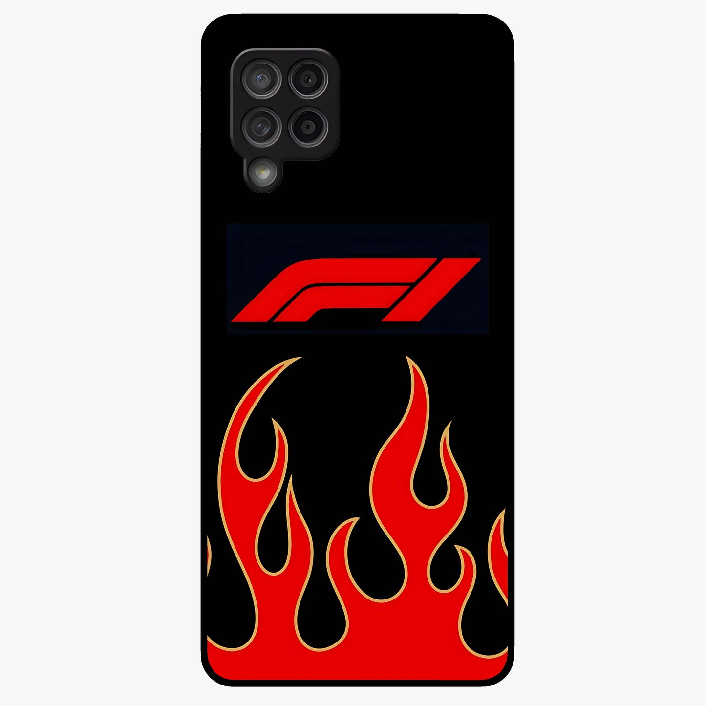 Fire F11 Glass Case showing flat back view with fiery themed artwork and glossy glass finish.