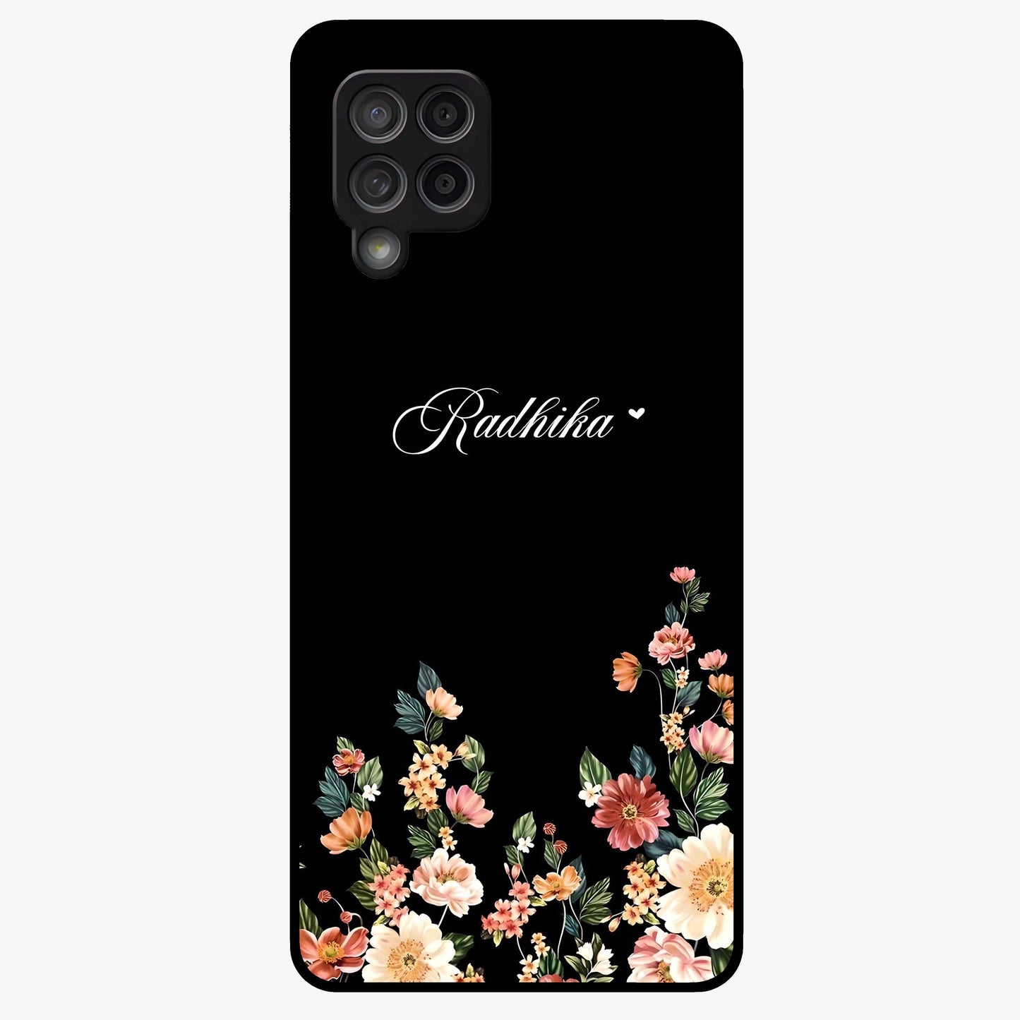 Floral Design With a Custom Personalized Name Glass Case showing flat back view with floral artwork and personalized name design.