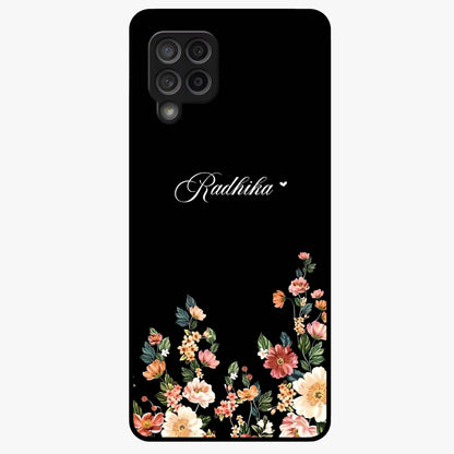 Floral Design With a Custom Personalized Name Glass Case showing flat back view with floral artwork and personalized name design.