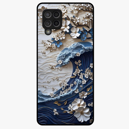 Floral Wave Origami Glass Case showing flat back view with origami inspired floral wave artwork and glossy glass finish.