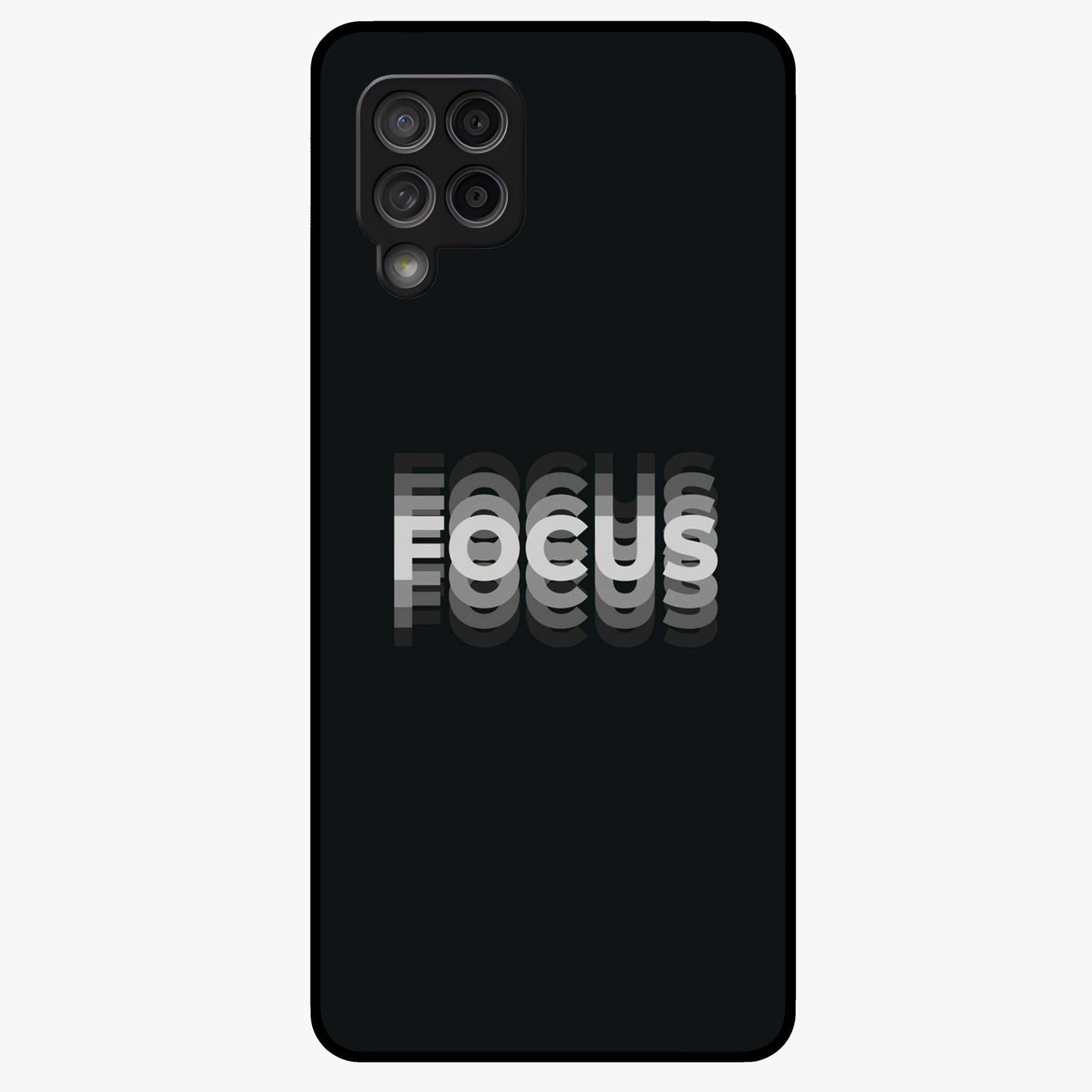 Focus Mode On Glass Case showing flat back view with bold motivational typography design and glossy glass finish.