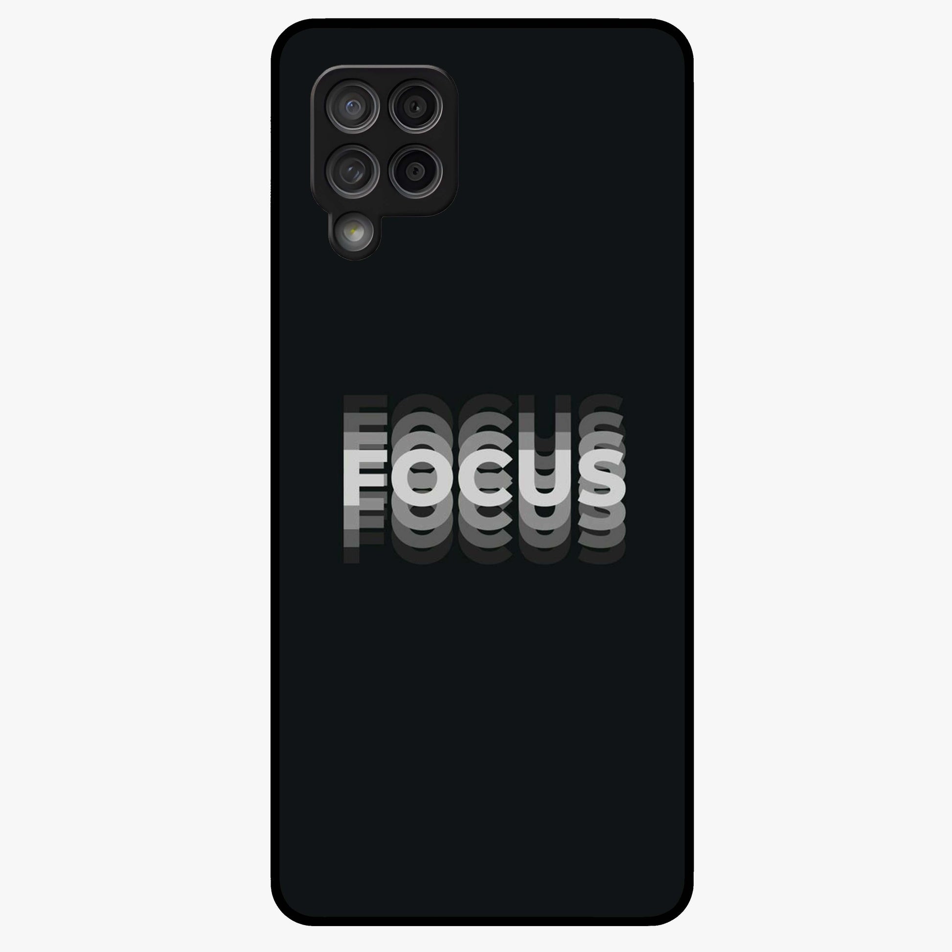 Focus Mode On Glass Case showing flat back view with bold motivational typography design and glossy glass finish.