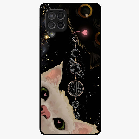 Galactic Cat Glass Case showing flat back view with cosmic cat artwork and glossy glass finish.